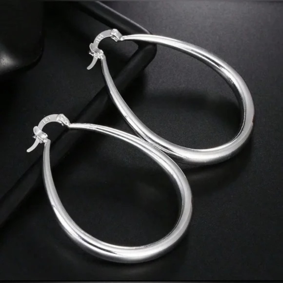 SILVER 925 41 mm Drop Shape Hoop Earrings - Picture 1 of 5